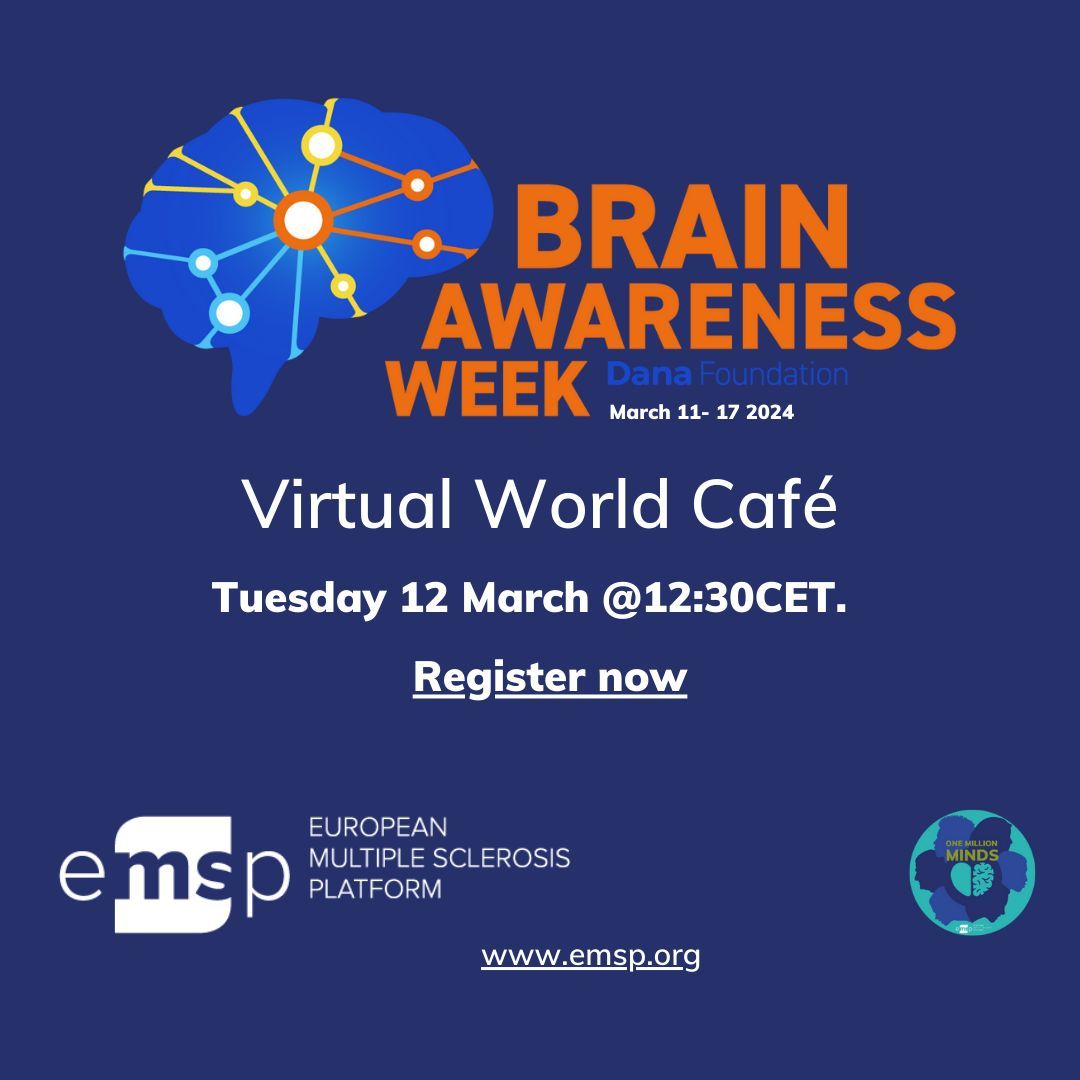 eumsplatform's tweet image. Brain Awareness Week 2024! EMSP is hosting a virtual World Café to talk, share ideas &amp;amp; chat over lunch about employment, stigma &amp;amp; treatment with three MS activists, Donna Nahal, Nadja Stanojevic and Nik Miškovič. Join us buff.ly/3IqlxgN  #BrainAwarenessWeek #BrainWeek #MS