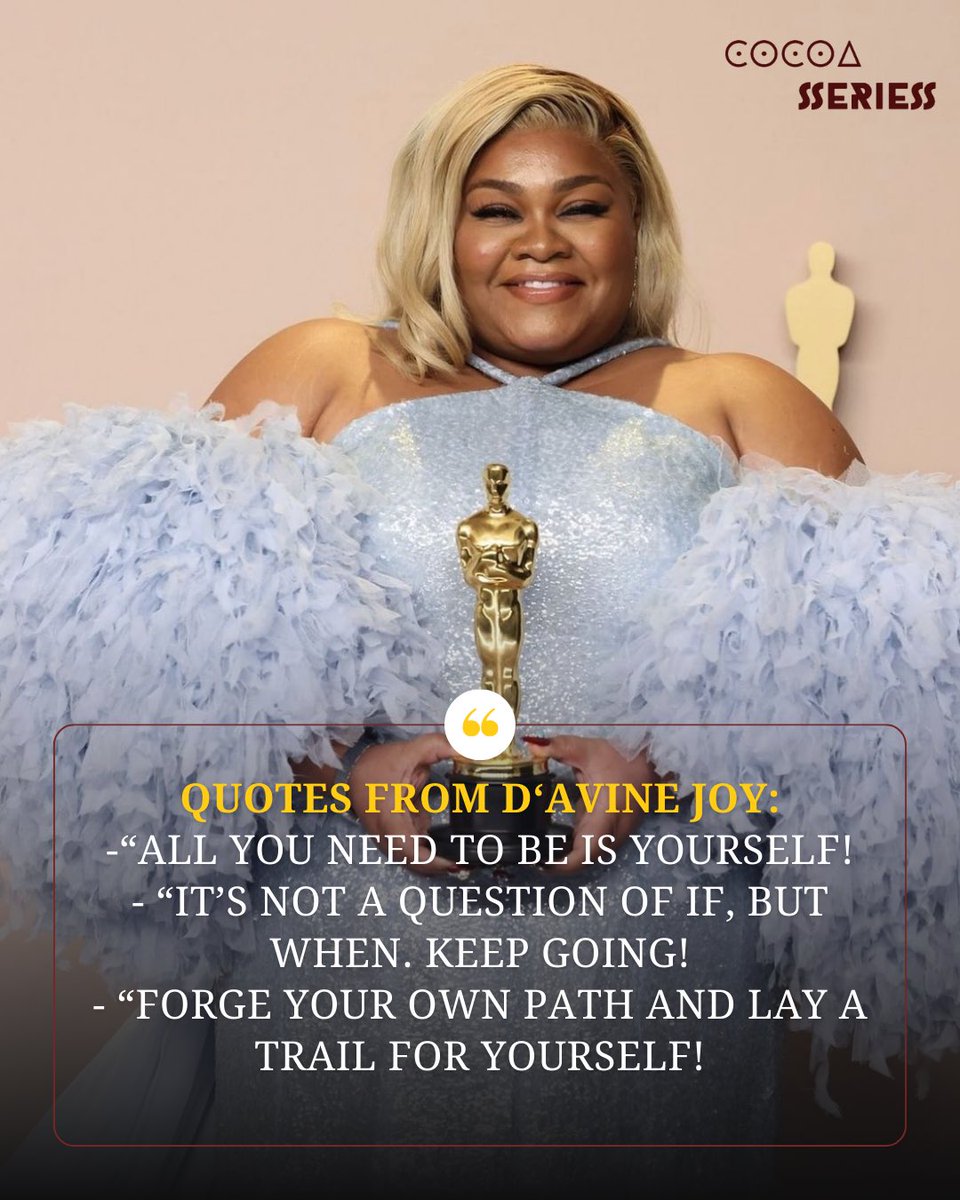 _cocoaseries's tweet photo. 3 Powerful Quotes from @davinejoy as she wins her first Oscar for Best Supporting Actress.

Congratulations to D’Avine Joy Randolph for reminding us to always be ourselves and above all, trusting in God and the process. 🧡

#cocoaseries #oscars2024  #blackwoman #blackgirlmagic https://t.co/SIpKwc2m3A