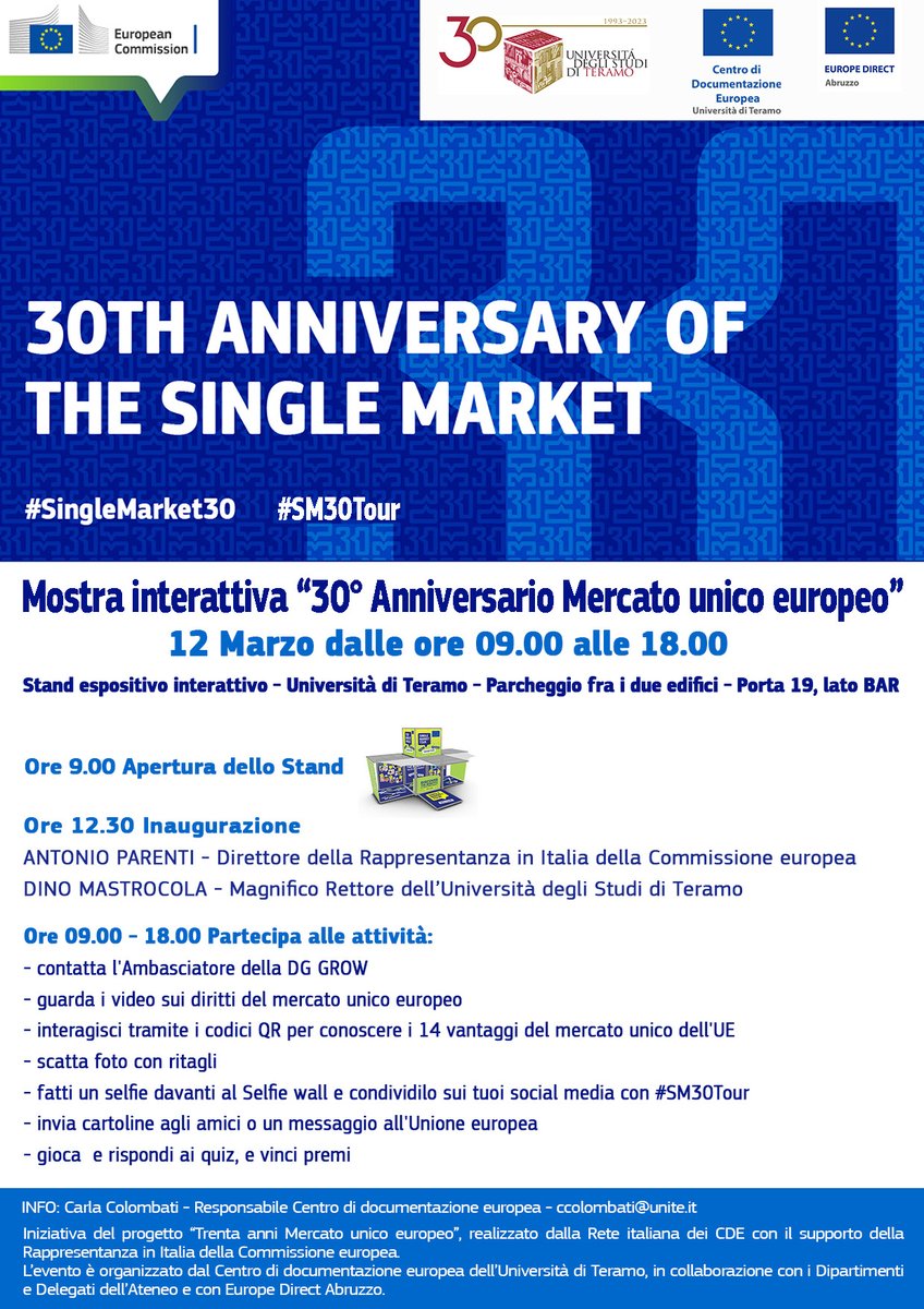 EuropeAbruzzo's tweet photo. Per celebrare il 30° anniversario del Mercato unico europeo, la DG GROW ha organizzato una mostra itinerante che tocca le diverse città dell’Unione europea, tra cui Teramo.
Domani vienici a trovare e scopri i vantaggi del Mercato unico europeo!
#singleMarket30 #SM30Tour https://t.co/EX6mzZsBQL