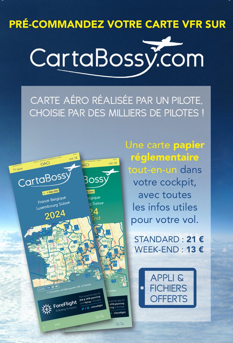 L’édition 2024 de nos CartaBossy est en longue finale!

Aidez nous à bien calibrer nos tirages en pré-commandant vos cartes sur cartabossy.com/boutique-en-li…
😊

LA carte aéronautique avec tous les terrains VFR: publics, privés, ULM etc.

Bons vols!