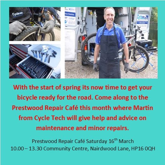 CycleTechUK1's tweet photo. I will be at Prestwood Repair Cafe Saturday 16th March.
Contributing back local. That time of year to get your bike serviced. 
#Prestwood #Repaircafe #Cyclerepairs https://t.co/nm0VoBkxjX