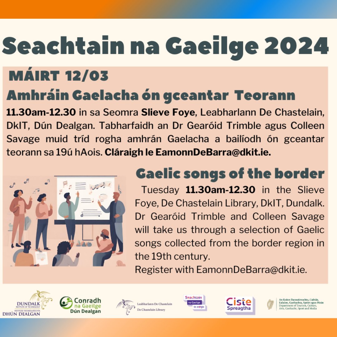 Tomorrow we have another Seactain na Gaeilge event in the library on songs collected from the border region with Colleen Savage and <a href="/triombaill/">Gearóid Trimble</a>. Everyone welcome. Refreshments served. #seactainnagaeilge