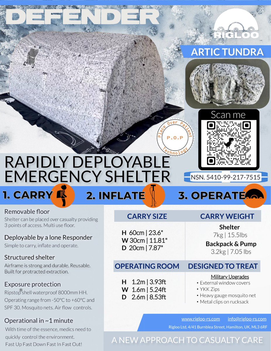 rigloouk's tweet photo. All of our Rescuer/Defender shelters are available now all over the world!

Info@vogt-cte.com
Info@rigloo-rs.com

Control the environment, control the outcome!

#pfc #tccc #prehospital #prehospitalcare #militarymedicine #hypothermia #shelterinplace #temporarystructures https://t.co/HwfCRM37wX