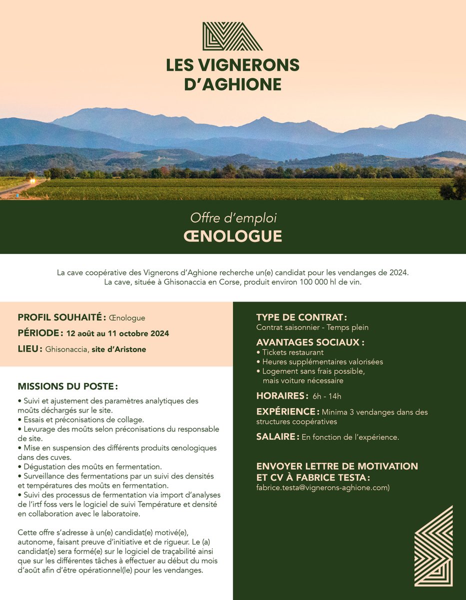 CasanovaAghione's tweet photo. [OFFRE D'EMPLOI] Nous recherchons 2 œnologues pour rejoindre notre équipe à Ghisonaccia, Corse, pour les #vendanges2024 :
- Sur le site d'Aristone du 12/08 au 11/10
- Sur le site de Samuletto du 01/08 au 31/10

📩 Envoyez votre candidature à fabrice.testa@vignerons-aghione.com https://t.co/z8sm3NnRkq