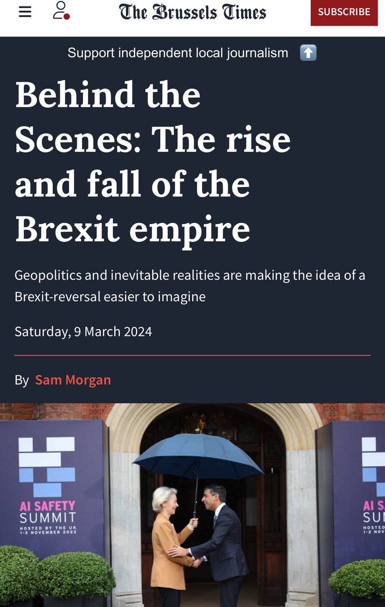 LizWebsterSBF's tweet photo. Behind the Scenes: The rise and fall of the Brexit empire 🙌 🥳 🍾 

Geopolitics and inevitable realities are making the idea of a Brexit-reversal easier to imagine

Diplomats on 🇬🇧 Brexit Exit:

The general consensus was that “there is no queue” and that if the UK were to meet the technical criteria, then the political hurdles would not be impossible to overcome. Who knows if that means joining the euro or Schengen…

Nothing will change until the current Conservative government’s 14 years in charge comes to an end. That is almost certainly going to happen later this year at a general election that Labour is expected to win in a landslide.

Brexit’s 10 year anniversary will be celebrated during this new government’s first two years in charge. Whether that will be time enough to start reversing it remains to be seen but momentum is building in its favour.

https://t.co/qvsW9Tmcv5