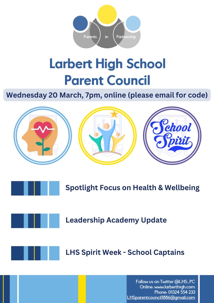 Our next meeting is on Wednesday 20 March at 7.00pm (online). If you'd like to attend, please email to request the meeting link: LHSParentcouncil1886@gmail.com
