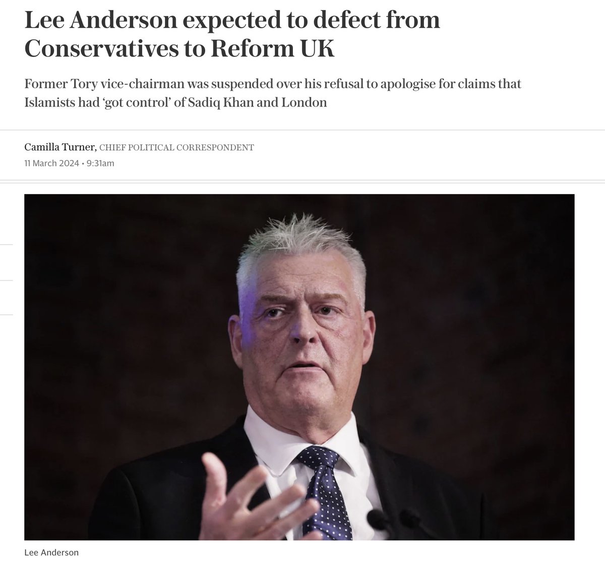 💥 Lee Anderson defects from the Conservatives to Reform, a move that has the rare effect of boosting the average IQ of both parties.