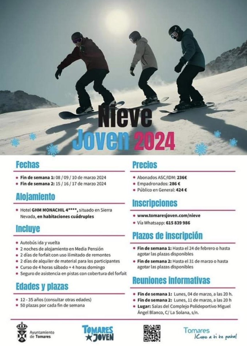 ⚠️ Ante el cierre de la estación de esquí este fin de semana, queda aplazada “Nieves Joven”.

📅Se llevará a cabo del 12 al 14 de abril.

¡No te quedes sin tu plaza! 🙏🏼