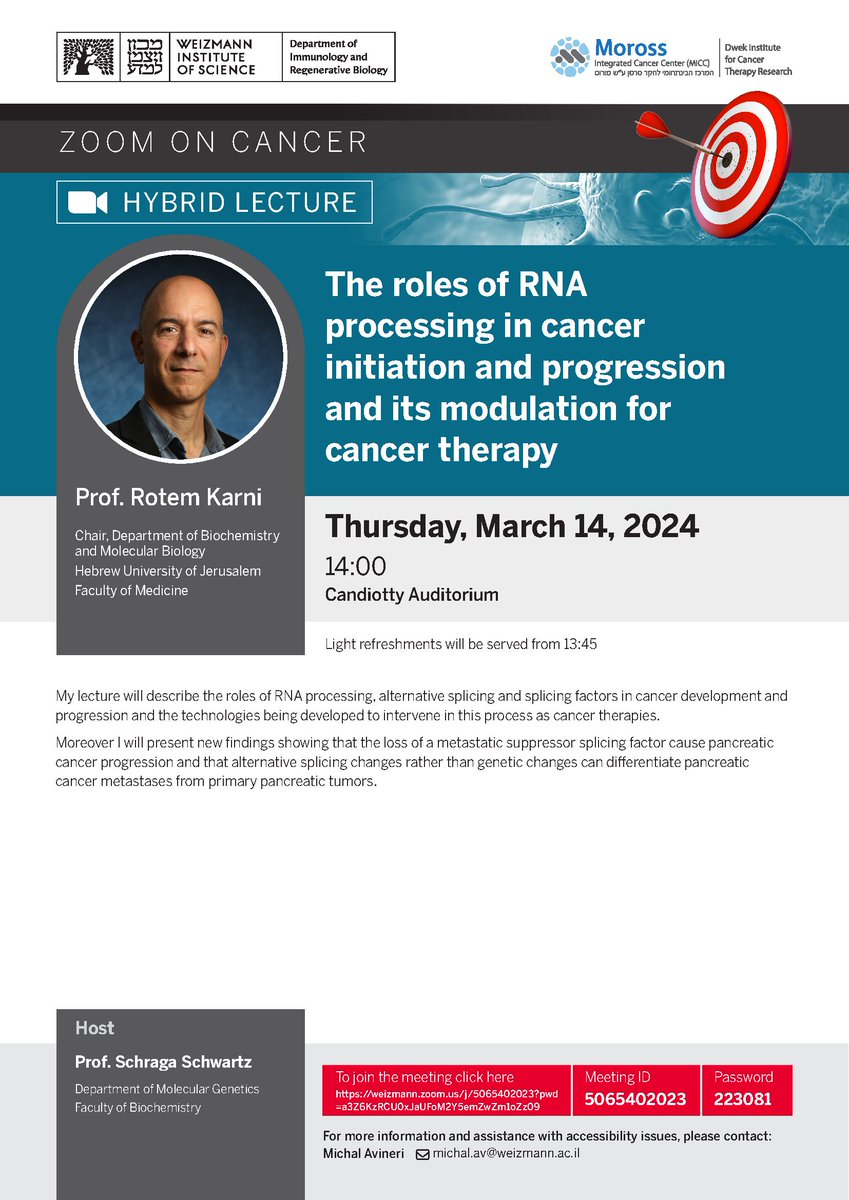 For next #DICC, Prof. Rotem Karni (<a href="/karni_rotem/">ROTEM KARNI</a>) will give a talk: The roles of RNA processing in cancer initiation and progression and its modulation for cancer therapy.

Thursday, March 14, at 14:00, at Candiotty Auditorium and via Zoom. ⬇️