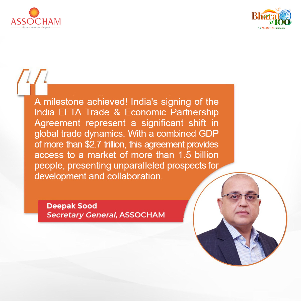 ASSOCHAM4India's tweet photo. India-EFTA Trade Pact signifies a monumental stride in global commerce. With over $2.7 trillion in combined GDP and a market of 1.5 billion, the possibilities of breaking barriers and forging partnerships are endless. Here’s what @Deepaksood69, Secretary General, #ASSOCHAM has to say about this momentous agreement.

#TradePartnerships #EconomicPartnership  #EFTAIndiaAgreement #GlobalEconomy #TradeAgreement #InternationalTrade