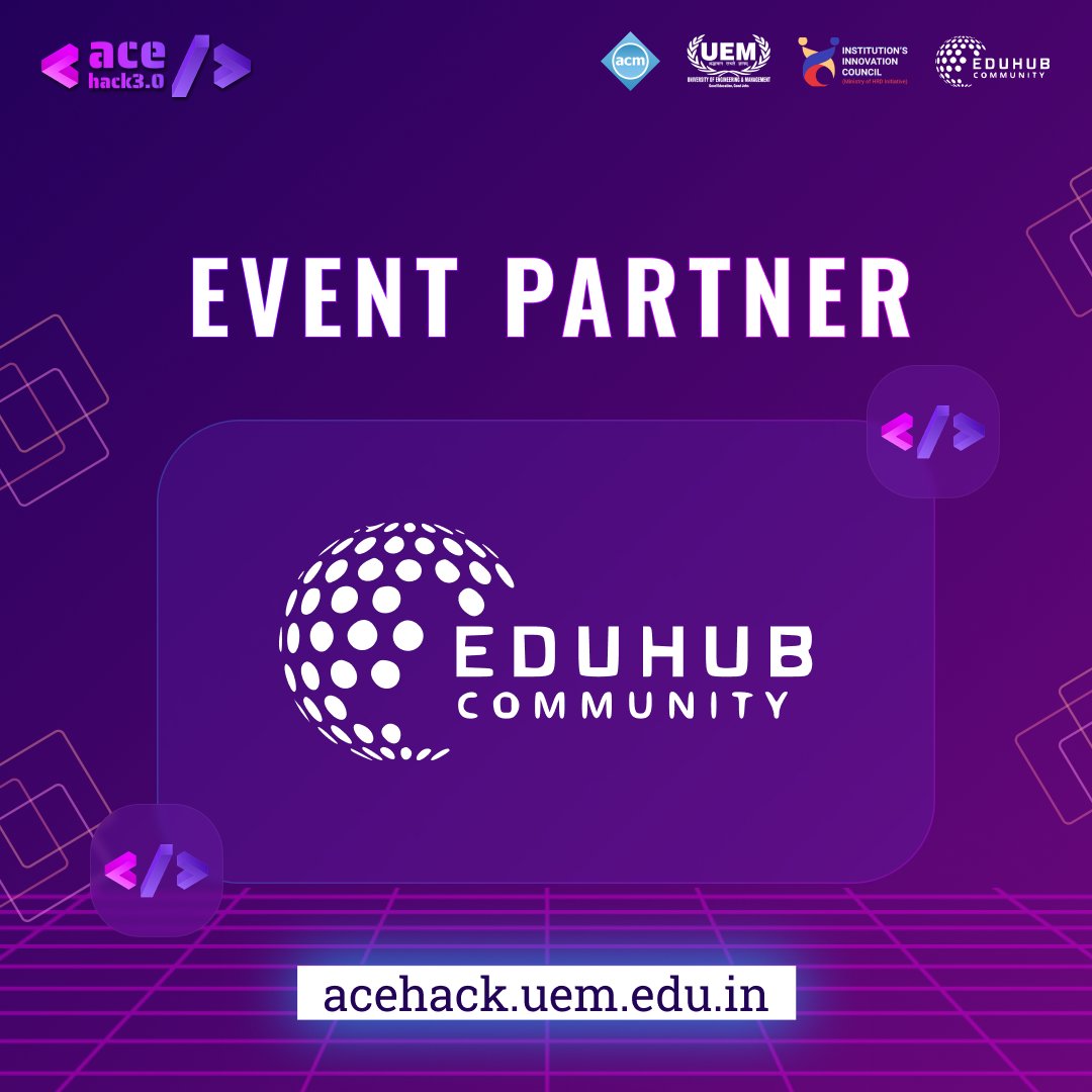 Elevating innovation with Eduhub <a href="/CommunityEduhub/">Eduhub Community</a>, our event partner at AceHack 3.0! 🚀 
Grateful for their support in pushing boundaries and shaping the future.🔥 

Register now :-acehack-3.devfolio.co
          
#Acehack #hackathon