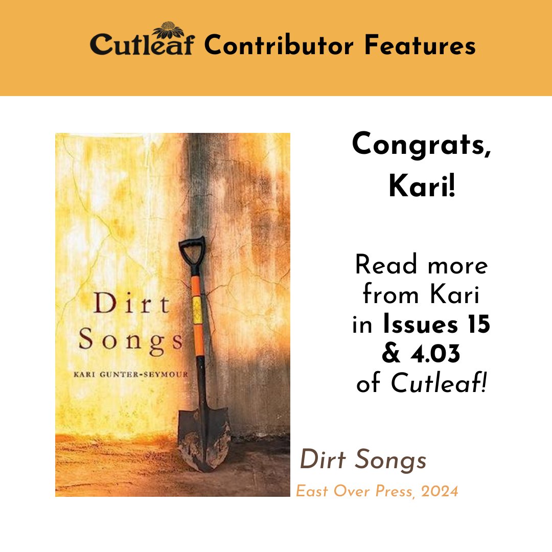 Congrats to @KGunterSeymour on her recent release of her poetry collection, DIRT SONGS, this February through @EastOverPress!⠀⠀
⠀⠀
Read more from Kari in Issues 15 and 4.03 of Cutleaf.
Order a copy of DIRT SONGS here: bit.ly/4a9qM0v