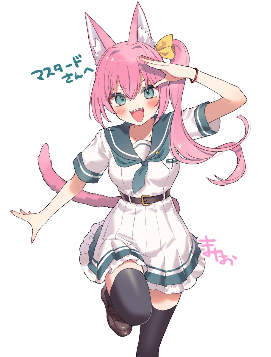 1girl animal ears solo tail thighhighs pink hair cat ears  illustration images