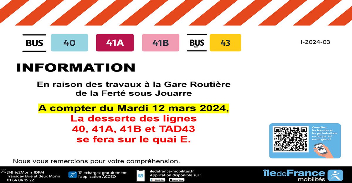 Brie2Morin_IDFM's tweet photo. 🚍#InfoTrafic
📢Lignes : #40 #41A #41B #TAD43
🗓️A partir du mardi 12 mars 2024
🚧Travaux Gare SNF de La Ferté sous Jouarre
🚏Lignes 40, 41A, 41B et TAD43 : Desserte déplacée sur le quai E de la gare routière https://t.co/PF0ZHu2VRA