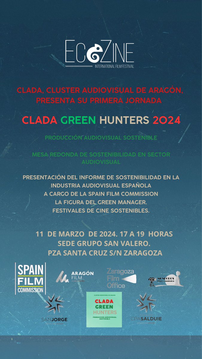 Junto con @FilmZaragoza y @aragoncluster participamos hoy en la jornada Clada Green Hunters en el @ecozinefilmfest ♻️. Presentaremos el informe #greenshooting 🌱 de #sostenibilidadaudiovisual, con foco en Aragón @SpainAVSHub