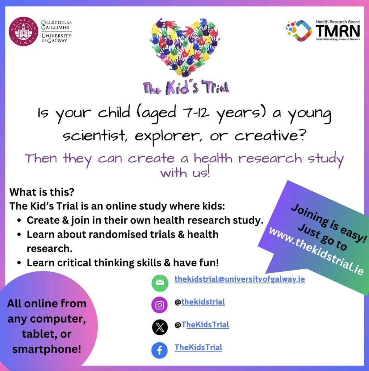 The Kid's Trial, run by our friends @TheKidsTrial is now open! This is an online study where kids can create their own health research study, learn about randomised trials and research, & learn critical thinking skills in a fun way thekidstrial.ie