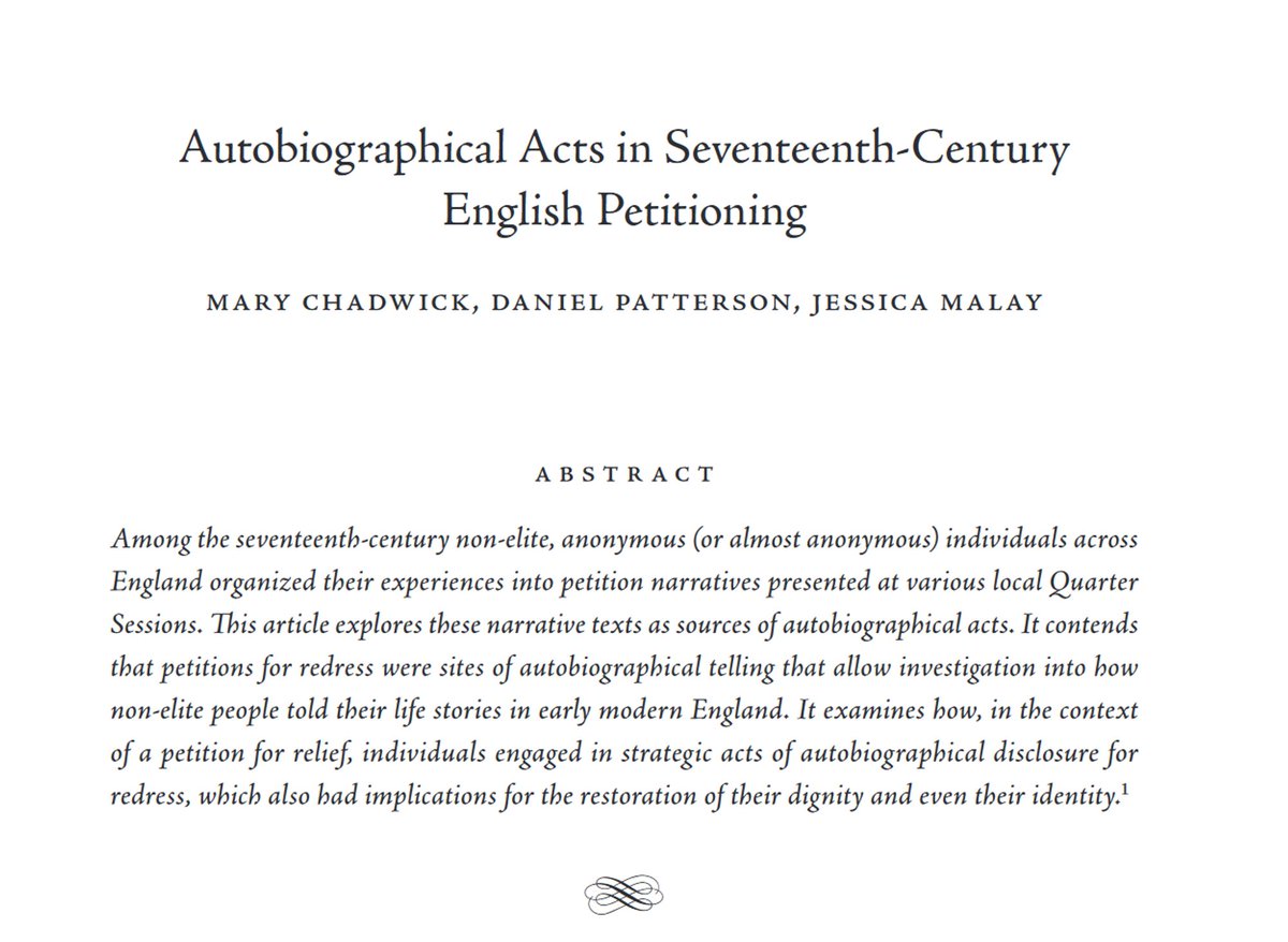 Was #EarlyModern petitioning an 'autobiographical act' that used self disclosure strategically as part of a requests for relief?

Belated addition to the #PowerOfPetitioning bibliography from Mary Chadwick, Daniel Patterson, and Jessica Malay 🗃️ :
petitioning.history.ac.uk/blog/2019/05/p…
