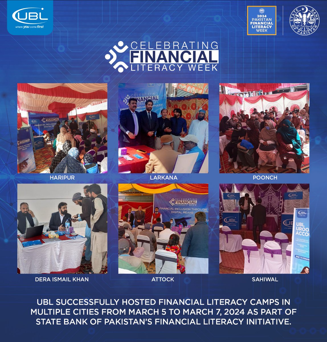 UBLDigital's tweet photo. UBL has successfully concluded the Financial Literacy Camps across multiple cities from March 5 - 7, 2024, in collaboration with the State Bank of Pakistan.
#UBL #StateBank #FinancialLiteracy #EmpowerYourself #MoneyMatters #Webinar #PFLW #PakFinancialLiteracyWeek https://t.co/I7hlSyXzMZ