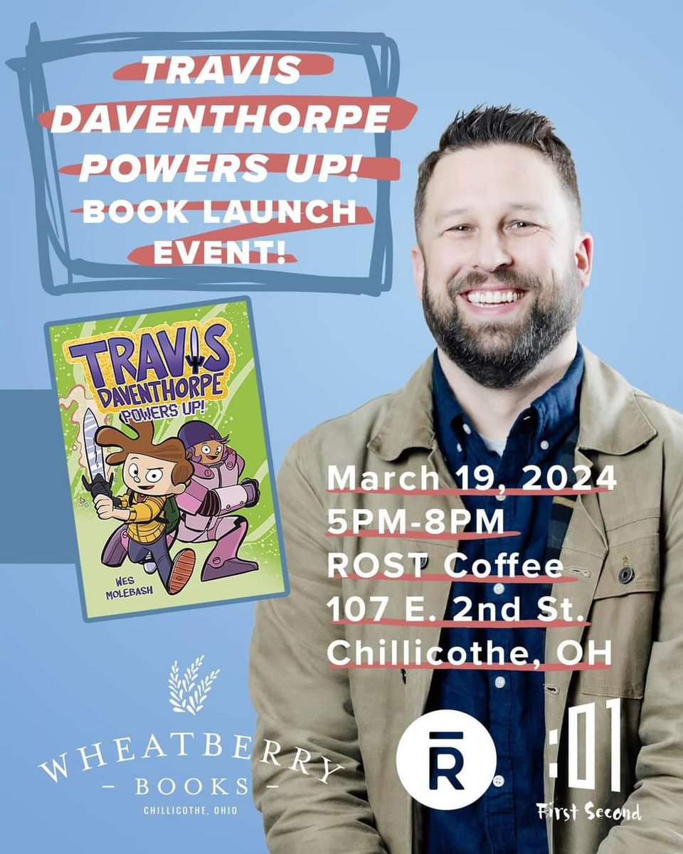 wheatberrybooks's tweet photo. We are counting down the days to the book launch event for TRAVIS DAVENTHORPE POWERS UP! Help us celebrate local author/artist @THEWesMolebash on the release of his newest book on Tuesday March 19 at Rost Coffee. https://t.co/sCMshJfSTi https://t.co/j0h1XahZvj