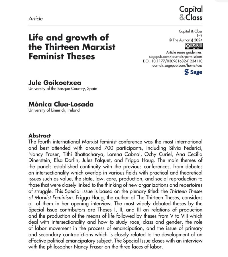 Special Issue with contributions of the IV International Marxfem Conference - Capital & Class 'Life and growth of the Thirteen Marxist Feminist Theses' with @DrCluaLosada Soon interviews with #FriggaHaug and #NancyFraser Open Access 👇🏽 journals.sagepub.com/doi/10.1177/03…