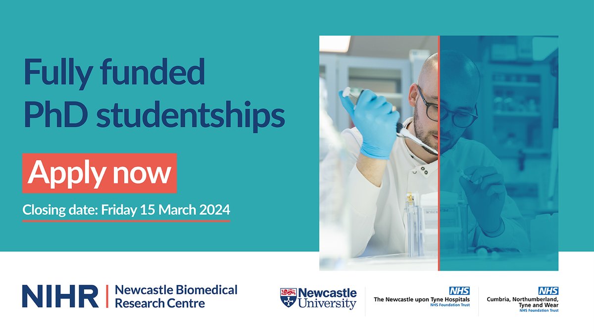 🎓Our PhD studentship deadline is fast approaching!
Work with our researchers to drive forward world-leading research in ageing and multiple long-term conditions. 🔬

🚨 Apply by Friday, 15 March 2024🔗ncl.ac.uk/postgraduate/f…
#BRCresearch #phdstudentship #funding #phd #ageing