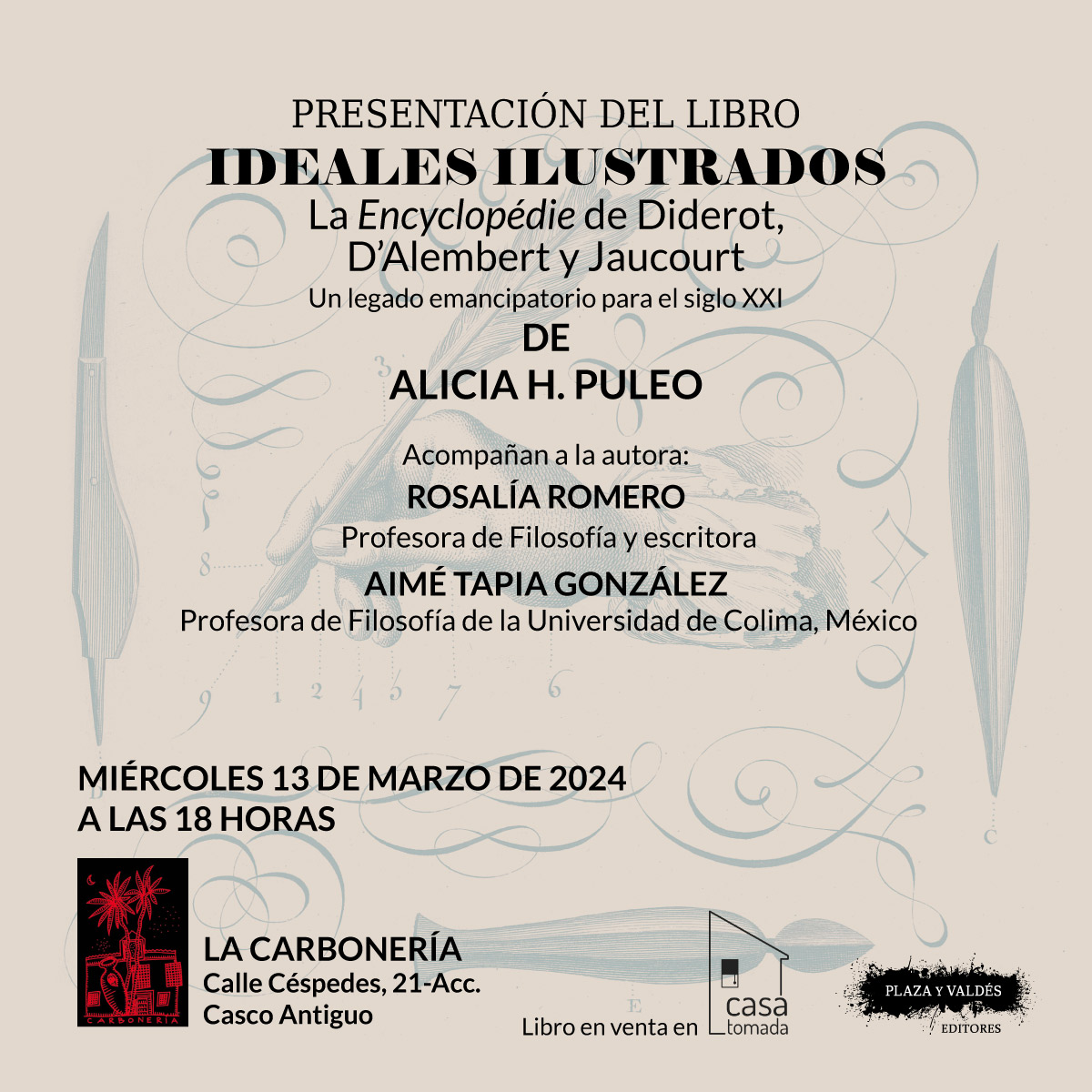 Si estás en Sevilla, no te pierdas la presentación de IDEALES ILUSTRADOS este miércoles, 13 de marzo, en La Carbonería.
<a href="/AliciaPuleo/">Alicia Puleo</a> presenta su nuevo libro en compañía de Rosalía Romero y Aimé Tapia.

Ejemplares a la venta con <a href="/enlacasatomada/">Casa Tomada</a>