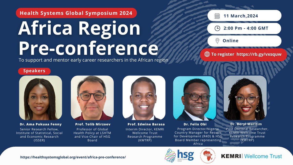 IT'S TODAY! #HSG African Pre-conference as part of the #HSR2024 Symposium! Join us online obetween 2-4 pm GMT. Kindly register to attend: rb.gy/vxsquw @KEMRI_Wellcome and @AFHEA_Africa