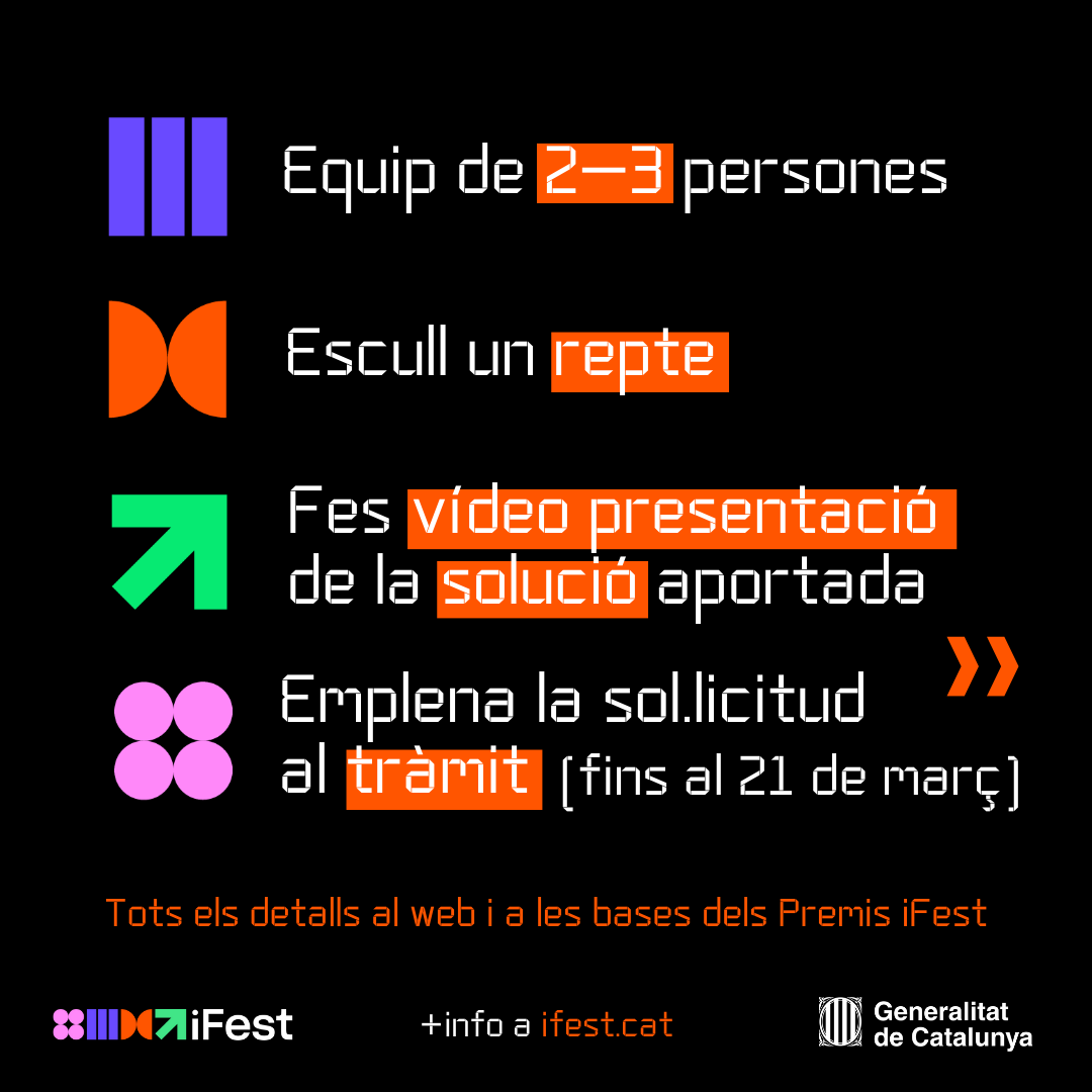 TMB_Barcelona's tweet photo. 💡 Aquesta és la proposta formulada pels responsables d’Innovació i Transformació Digital de TMB i adreçada a joves d'entre 15 i 30 anys.
Inscriu-te a l'iFestcat fins al 21 de març! https://t.co/BM6NhOz2RE
#TMBinnova #busbcn #recercacat #empresacat #innovació #emprenedoria https://t.co/lKlKOiHG2t