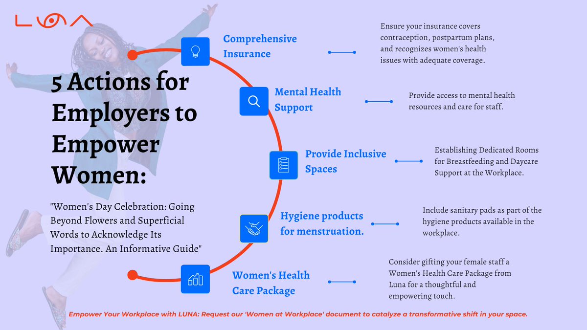 lunahealth_co's tweet photo. #WomensDay might be over, but the commitment to women's wellbeing is ongoing. 
Ready to be an ally in transforming women's lives in the workplace? We present you with 5 recommendations as an employer. 
Request our 'Women at Workplace' guide at info@lunahealth.co and start today. https://t.co/7PVB4L102Q