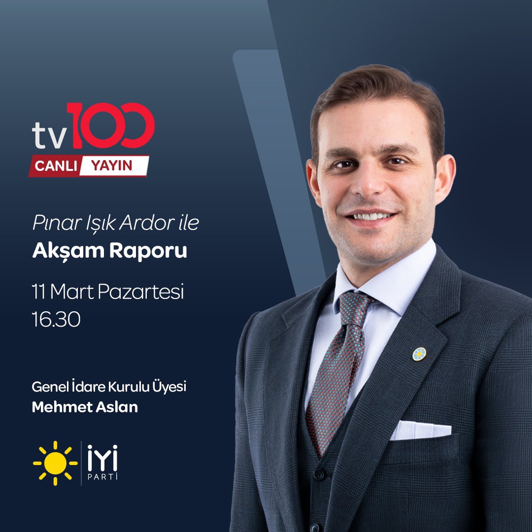 Genel İdare Kurulu Üyemiz Sayın @Aslnmhmt;

🗓 11 Mart Pazartesi (bugün)
⏰ 16.30'da
📺 Tv100 ekranlarında 

Pınar Işık Ardor ile #AkşamRaporu programına konuk oluyor.

Sizleri de ekran başına bekliyoruz.👍🏻