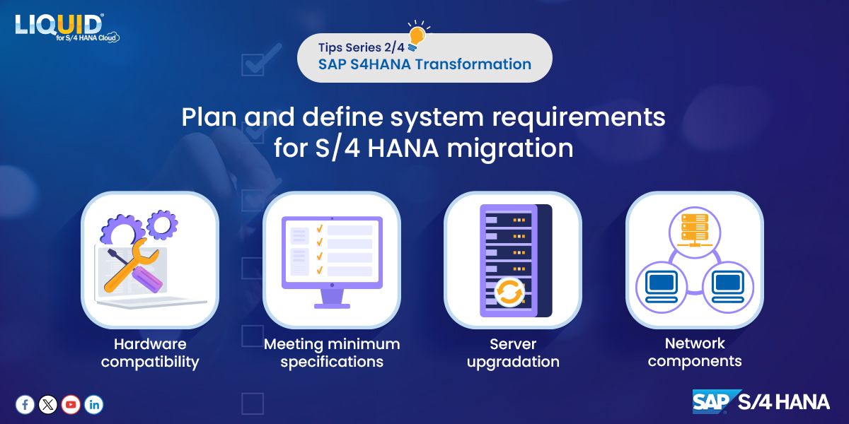 GuiXT's tweet image. The system requirements for transforming to SAP S4 HANA include ensuring compatibility of hardware and operating systems that meet minimum specifications of new system. This may include upgradation of server and network components.
#SAP #SAPS4HANA #SAPGUI #liquidui
