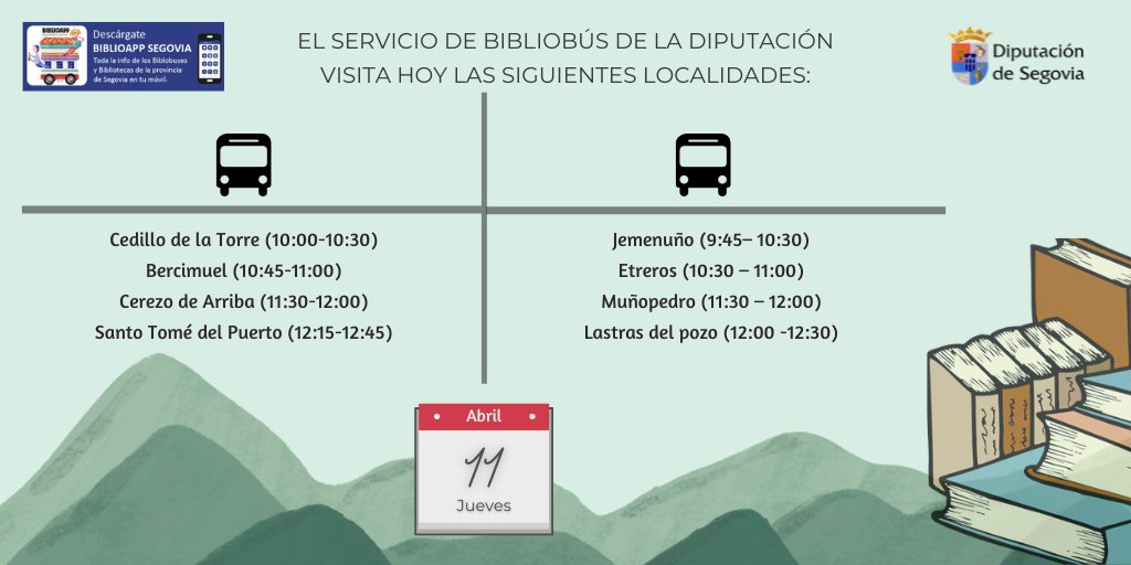 🚌 BIBLIOBÚS 📚 📣 Los bibliobuses de la Diputación de Segovia se ponen en marcha una nueva semana 📍 La ruta de hoy es: