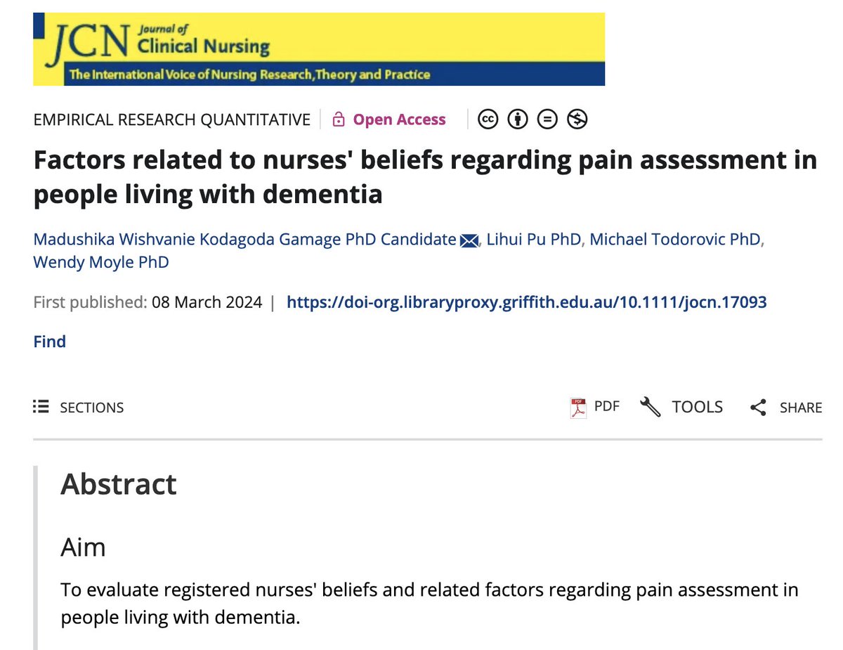 Read the latest #pain research led by #MadushikaKogagodaGamage 'Factors related to nurses' beliefs regarding pain assessment in people living with #dementia' @pu_lihui @GriffithNursing @drmiketodorovic @DrBartox doi/10.1111/jocn.17093