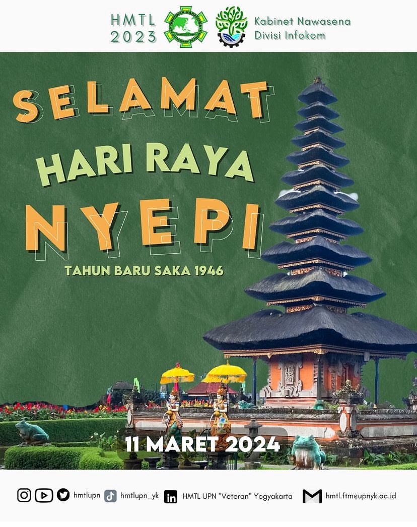 [SELAMAT HARI RAYA NYEPI TAHUN BARU SAKA 1946]

Selamat Hari Raya Nyepi! 

Merayakan kedamaian dalam keheningan, dengan hati yang tenang dan jiwa yang bersih. ✨

#Nawasena
#nyepi2024 
#HMTL2023