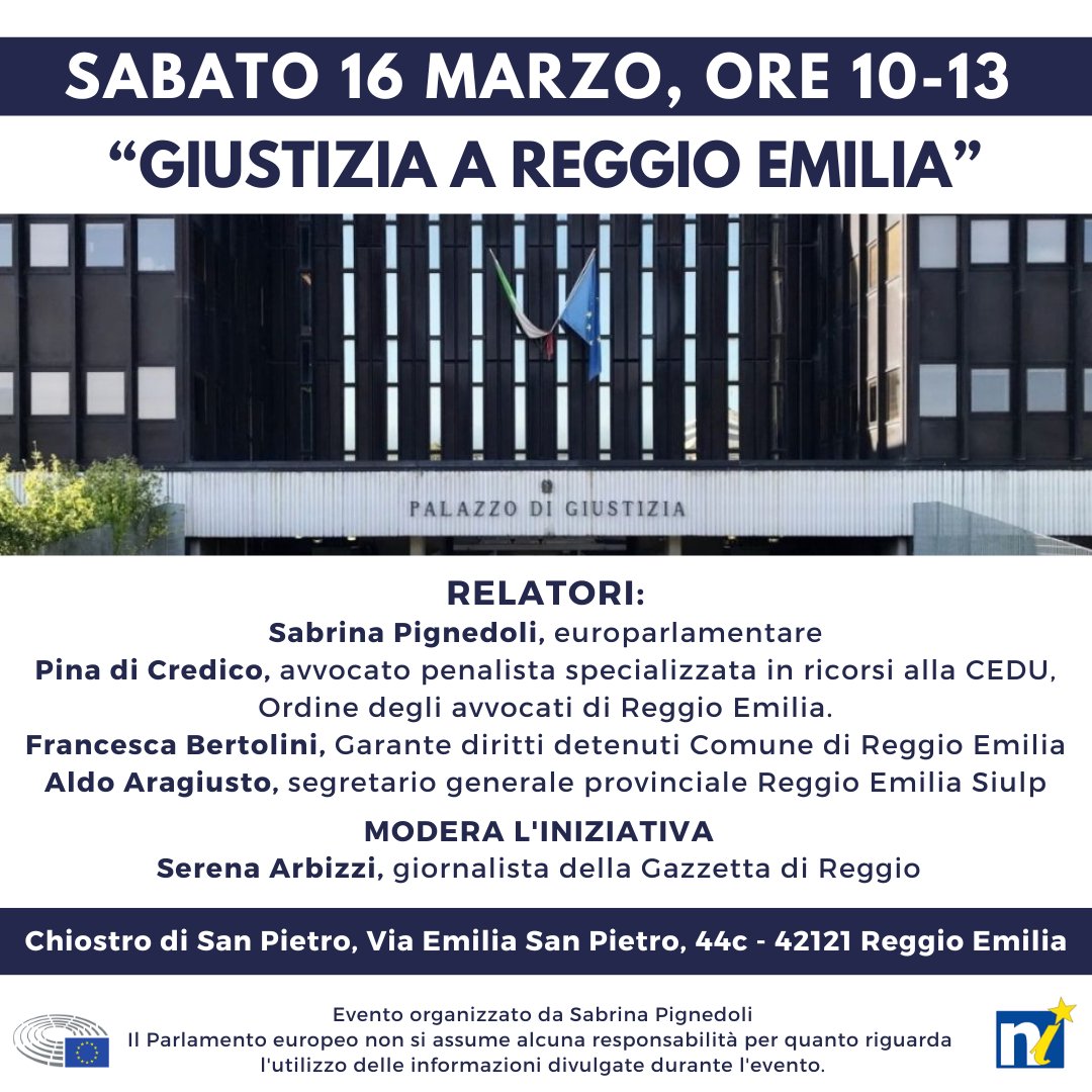 Ci vediamo sabato prossimo, 16 marzo, a Reggio Emilia per parlare di giustizia sul territorio. Ordine pubblico, tribunali, la situazione delle carceri saranno alcuni dei temi che toccheremo. L’incontro è valido come corso di aggiornamento dell’Ordine degli avvocati. Vi aspetto!