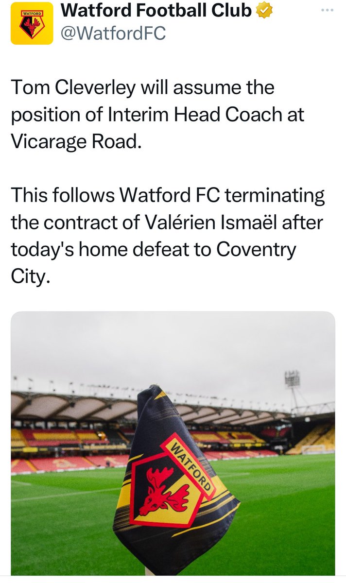 Wow! Textbook sad corner flag from the genre’s masters. Mondrianesque simplicity. Full club crest, stand in the background, grey and sombre skies, a flawless way to bring the Ismaël era to a close. Announcing Cleverly first the only niggle, but overall superb! #WatfordFC 9/10