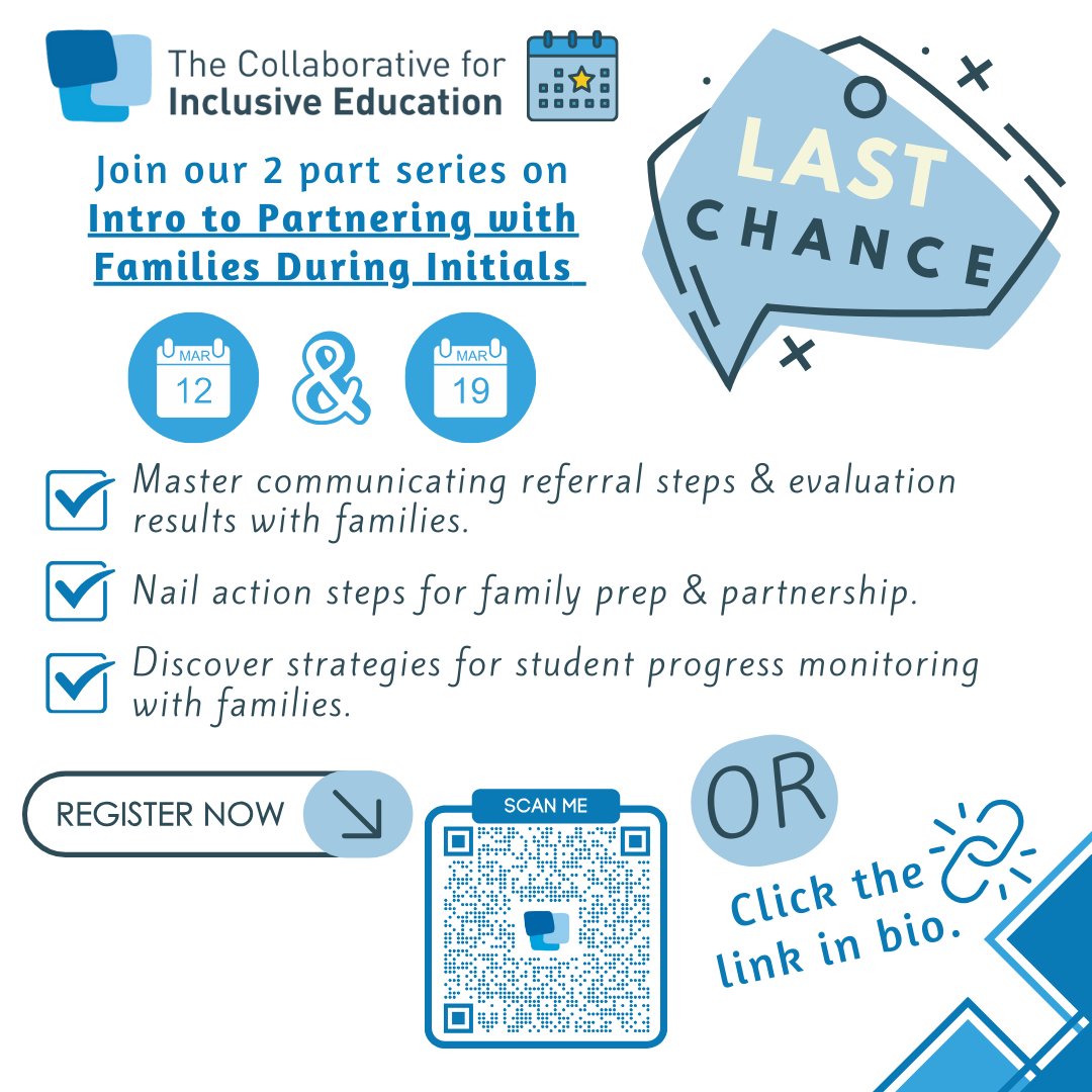 🚨 Last call! Join our 2-part series with <a href="/INCLUDEnyc/">INCLUDEnyc</a>  on 'Intro to Partnering with Families During Initials' starting tomorrow, March 12. Don't miss out – register now by scanning the QR code or clicking the link in bio! 🌟
