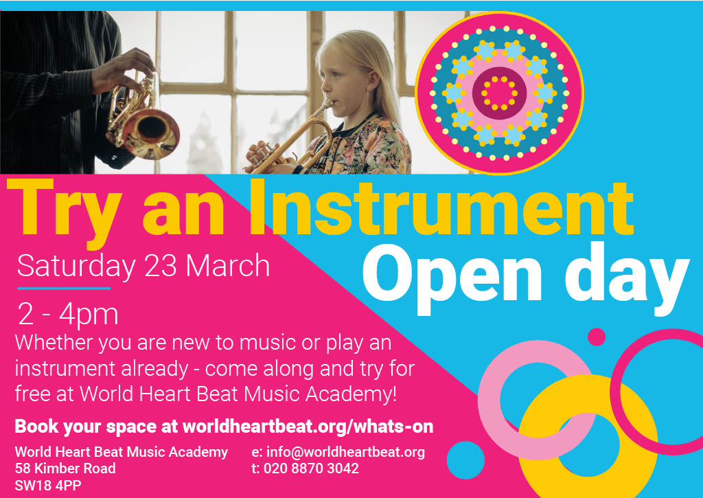 Calling all young #musicians! Join us at our #OpenDay and try out an #instrument of your choice; whether you're new to #music or already learning, we have a wide range of instrumental lessons and ensembles Saturday 23 March (2-4pm) worldheartbeat.org/.../try-an-ins…