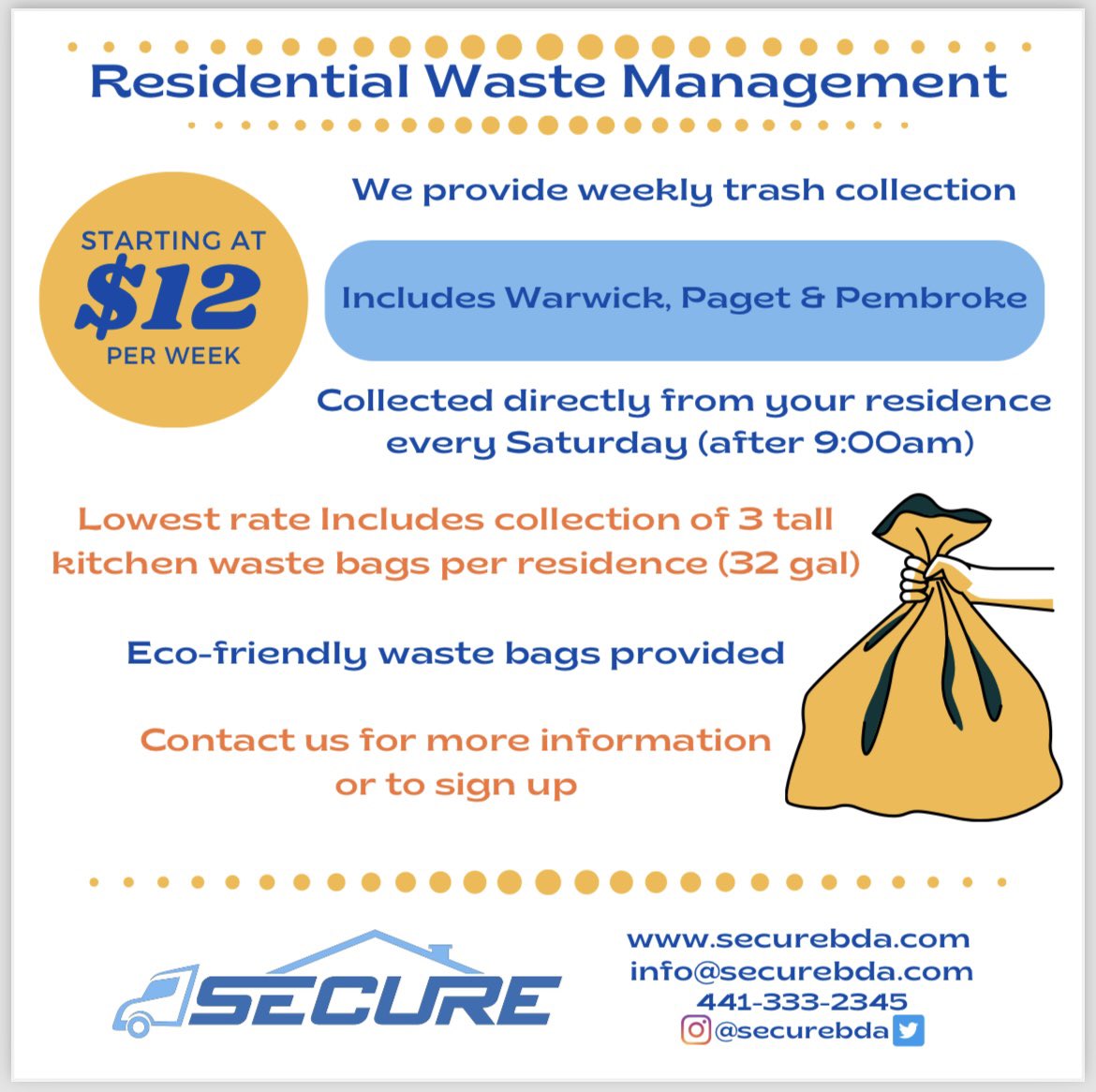 securebda's tweet photo. Attention Western / Central Residents…Residential Waste Collection is now available to you.

Are you tired of taking your trash to the street?  Do you need an additional collection day? This is for you. 

Call / WhatsApp us for more information or to sign up now: 
- 441-333-2345 https://t.co/PTUWsW2I0B
