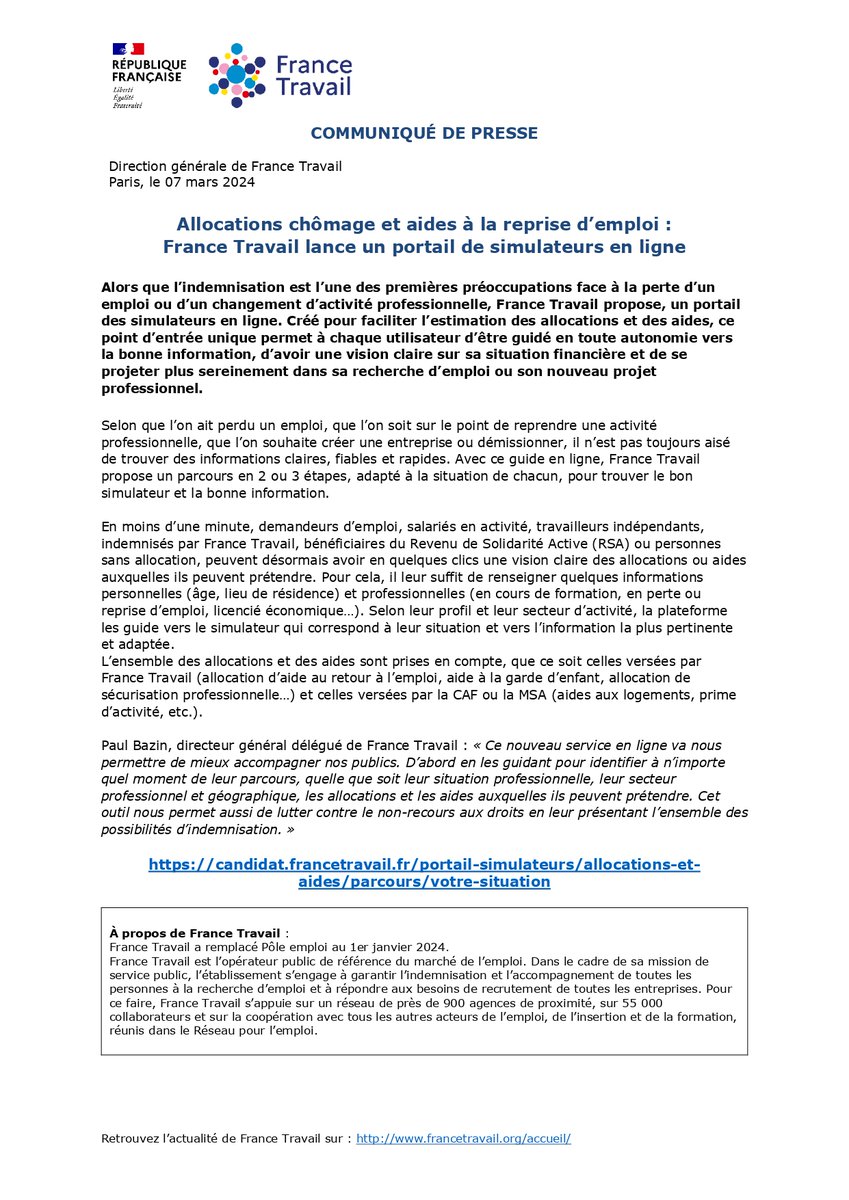 [Communiqué de #presse] France Travail lance un nouveau portail de simulateurs en ligne pour guider ses publics vers les bonnes informations, clarifier leur situation financière et faciliter leur recherche d'emploi ou de projet pro.

➡️francetravail.org/accueil/commun… #AvecFranceTravail