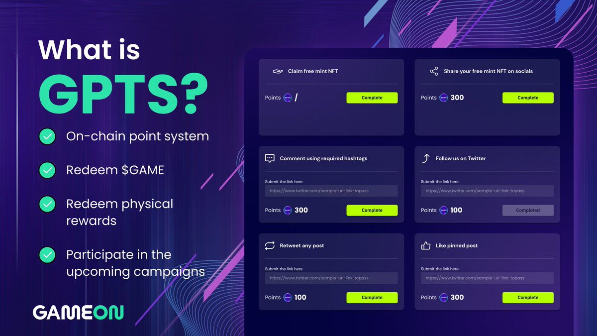 Quests = Rewards! 🎁 You can earn #GPTS for completing challenges. Redeem them for valuable $GAME tokens & awesome physical merch! (#Laliga, #PFL etc 🤫) #GameOn #PlayToEarn