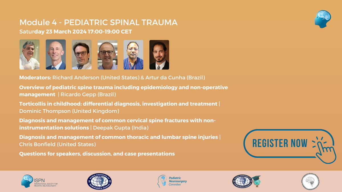 Don't forget! The next module of our ISPN Young doctors webinar series will take place in a few days - Join us & learn from international experts in the field! 🧠Pediatric spinal trauma 📆Sat 23 Mar 17:00-19:00CET ➡Register now: bit.ly/3IuMobK #YoungISPN #spinaltrauma