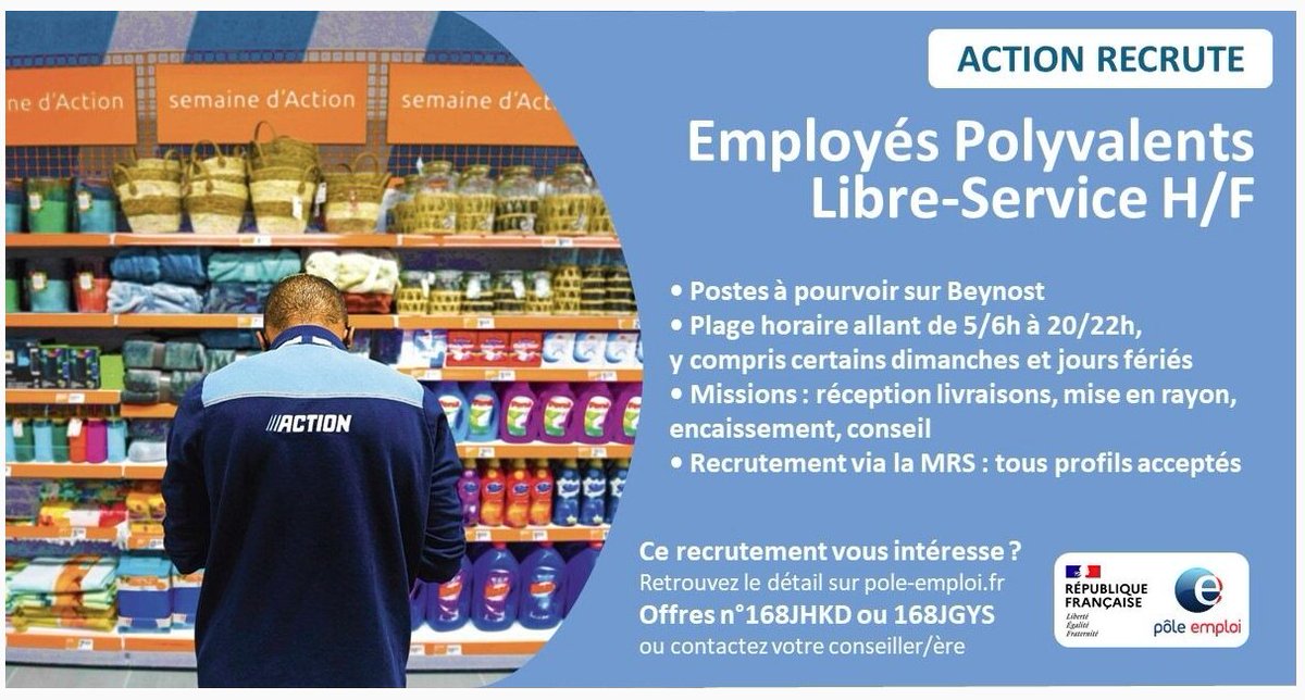 RenaudCharlesFT's tweet photo. [#TousMobilisés] pour l'#emploi accessible sans CV. 

L'agence @FTravail_ARA #Montluel &amp; l'équipe #MRS #Ain accompagnent @Magasin_Action #Beynost dans son #recrutement d'ELS H/F

Pour participer à l'ℹ️🖱️ https://t.co/BmMiby3hvX

#AvecFranceTravail #OnEstLàPourVous https://t.co/N5aCHK1ks1