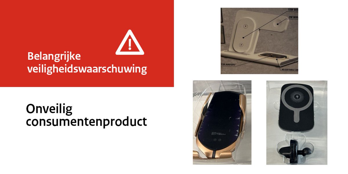 _NVWA's tweet photo. Veiligheidswaarschuwing draadloze opladers TKMaxx

TKMaxx waarschuwt voor 3 modellen draadloze opladers. In buurt van voorwerp (horloge, telefoon) kan oplader oververhit raken en smelten of de huid kan verbranden bij aanraking. Gebruik de producten niet! https://t.co/H1xT4yn2zC https://t.co/iLV3FCyrOX