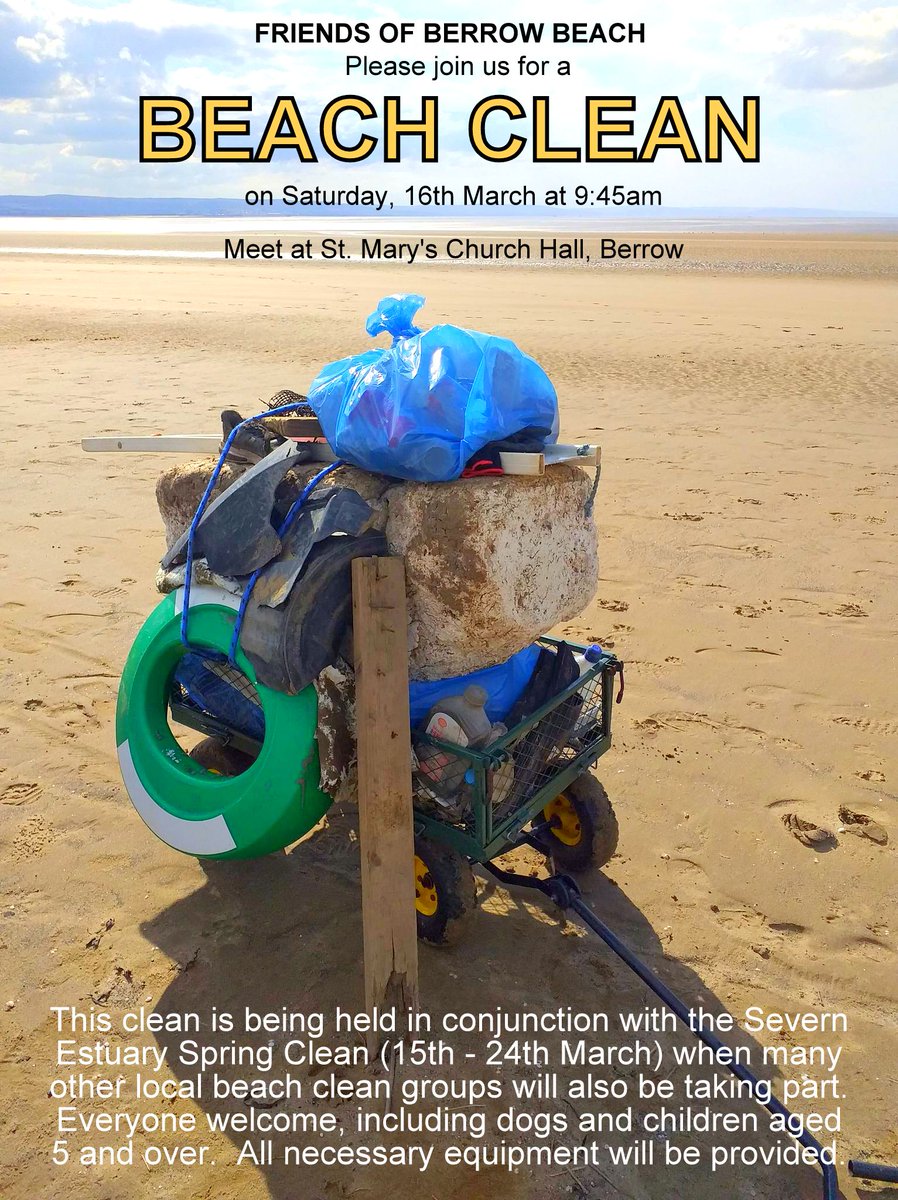 Join the Friends of Berrow Beach for their beach clean this weekend, as part of the @SevernEstuary Spring Clean!

🌊 Saturday, 16th March
🌊 Meet at 9:45am at St Mary's Church Hall, Berrow

#SpruceUpTheSevern