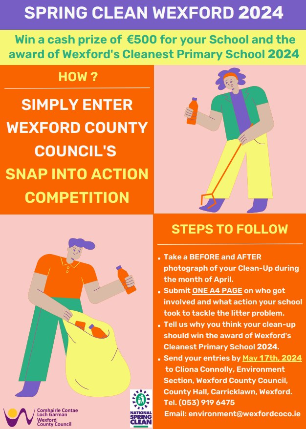 HealthyWexford's tweet photo. @wexfordcoco have shared details of their Community and Schools Spring Clean Wexford 2024 'Snap into Action' competitions.
Check out https://t.co/yIG3ITvaEV for more information.
#SpringIntoAction #Environment #Wexford #SnapIntoAction #SpringClean https://t.co/g5VE2H3xuW