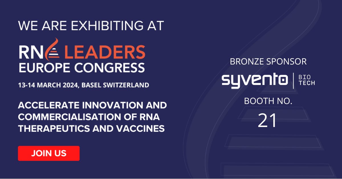 SyVento_BioTech (@syvento_biotech) on Twitter photo 👉 Exciting News! We are thrilled to announce our participation as an exhibitor (booth no. 21) and Bronze Sponsor at <a href="/RNALeaders/">RNALeaders</a> in Basel! 🎉 Join us from 13-14.03.2024 to explore the forefront of RNA therapeutics. 🧬
➡ Check out the event agenda here: lnkd.in/gMVQF88C 👉 Exciting News! We are thrilled to announce our participation as an exhibitor (booth no. 21) and Bronze Sponsor at <a href="/RNALeaders/">RNALeaders</a> in Basel! 🎉 Join us from 13-14.03.2024 to explore the forefront of RNA therapeutics. 🧬
➡ Check out the event agenda here: lnkd.in/gMVQF88C
