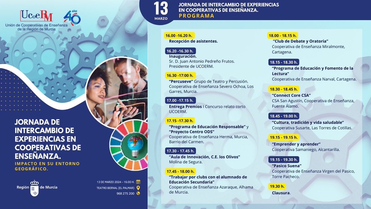 ucoerm's tweet photo. 📢 Las cooperativas de Ucoerm intercambiarán sus experiencias de éxito y buenas prácticas ⬇️

👉El objetivo del evento es poner en común proyectos e iniciativas que pueden replicarse en otros centros de enseñanza.

📅13/03
⌚ 16h
📍Teatro Bernal (El Palmar)

#Sostenibilidad #ODS https://t.co/q6eSOAfe8B