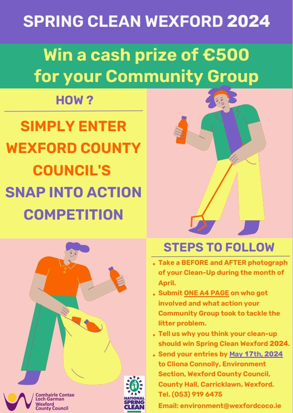 HealthyWexford's tweet photo. @wexfordcoco have shared details of their Community and Schools Spring Clean Wexford 2024 'Snap into Action' competitions.
Check out https://t.co/yIG3ITvaEV for more information.
#SpringIntoAction #Environment #Wexford #SnapIntoAction #SpringClean https://t.co/g5VE2H3xuW