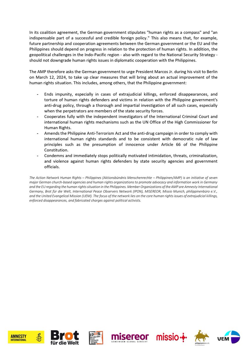 We call on German chancellor Olaf Scholz to urge President Marcos Jr. during his visit to Berlin tomorrow on March 12 to ensure that the Philippine government puts an end to impunity by thoroughly and impartially investigating all relevant cases!
amp.ngo/en/amp-stateme…